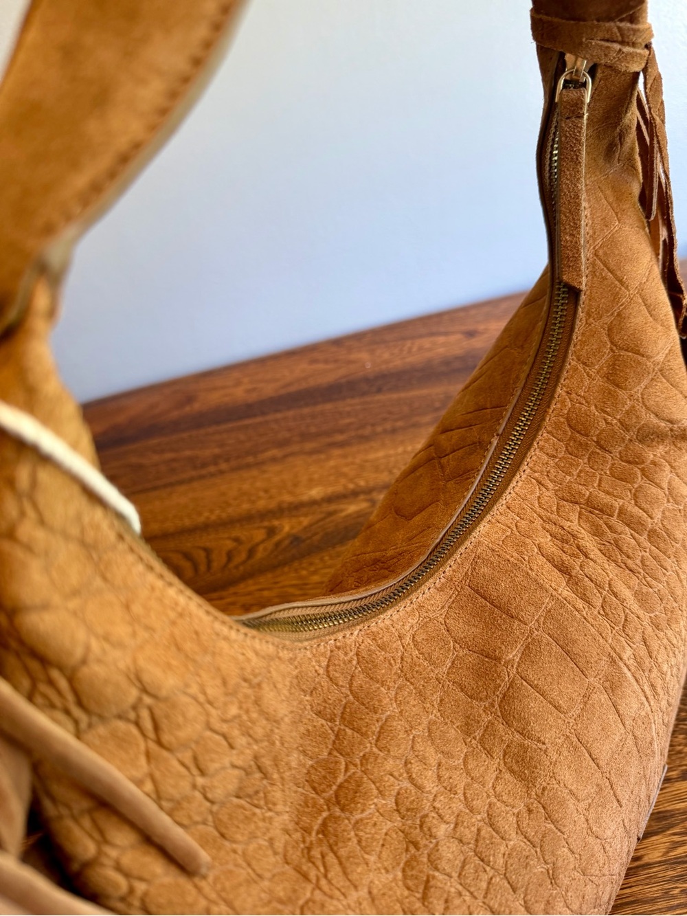 Haute Hippie Cognac Suede Croc-Embossed Fringe Hobo Shoulder Bag - Picture 10 of 10